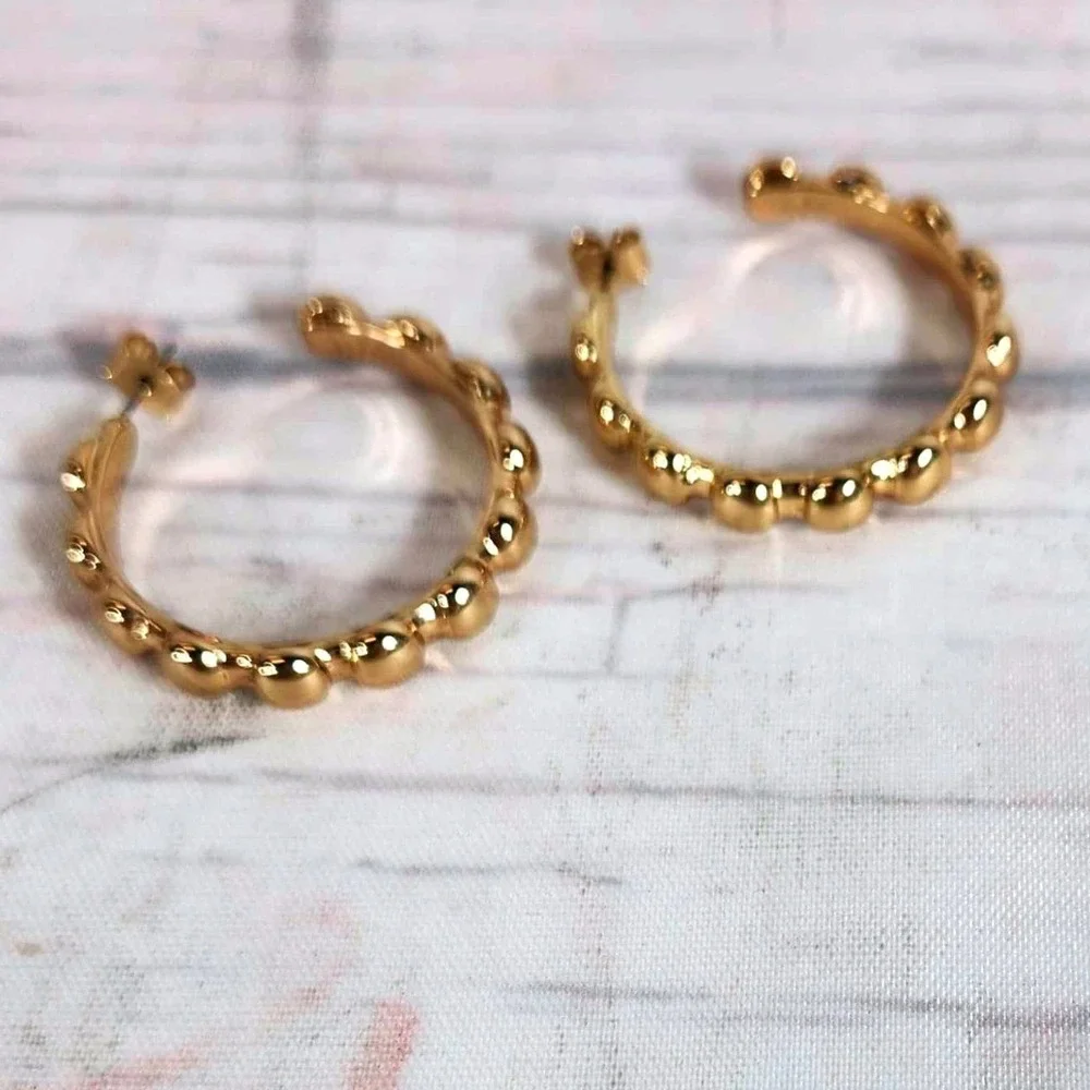 Gold Tone Beaded Hoop Earrings Small Classic Jewelry - Pieced